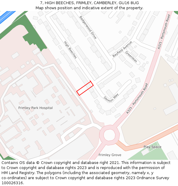 7, HIGH BEECHES, FRIMLEY, CAMBERLEY, GU16 8UG: Location map and indicative extent of plot