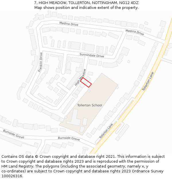 7, HIGH MEADOW, TOLLERTON, NOTTINGHAM, NG12 4DZ: Location map and indicative extent of plot