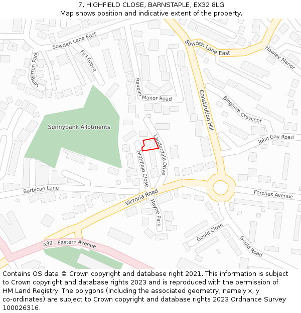 7, HIGHFIELD CLOSE, BARNSTAPLE, EX32 8LG: Location map and indicative extent of plot