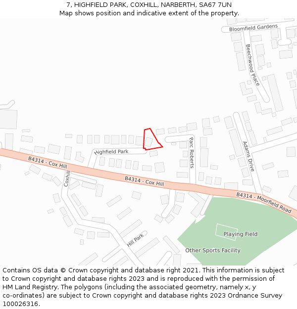 7, HIGHFIELD PARK, COXHILL, NARBERTH, SA67 7UN: Location map and indicative extent of plot