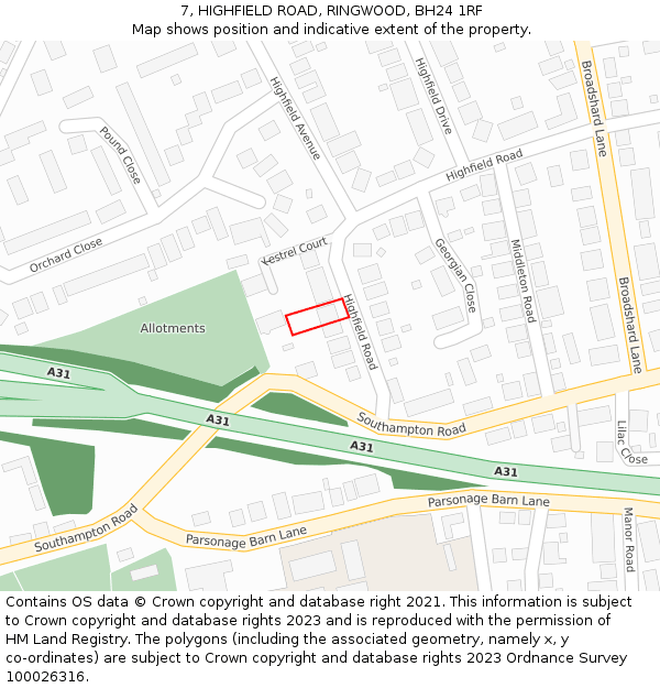 7, HIGHFIELD ROAD, RINGWOOD, BH24 1RF: Location map and indicative extent of plot