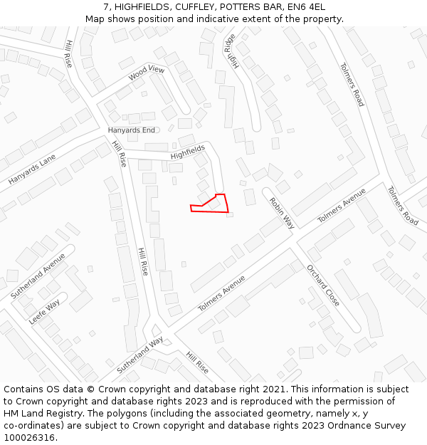 7, HIGHFIELDS, CUFFLEY, POTTERS BAR, EN6 4EL: Location map and indicative extent of plot