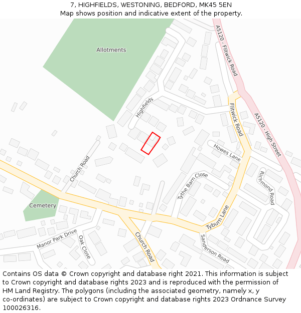 7, HIGHFIELDS, WESTONING, BEDFORD, MK45 5EN: Location map and indicative extent of plot