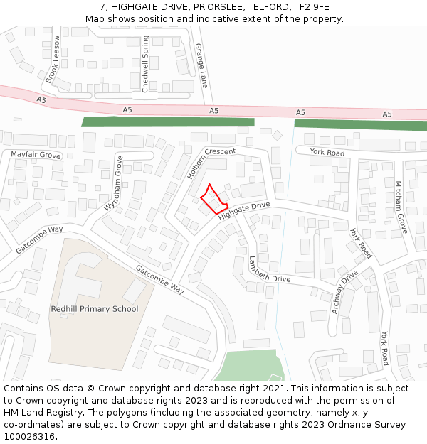 7, HIGHGATE DRIVE, PRIORSLEE, TELFORD, TF2 9FE: Location map and indicative extent of plot