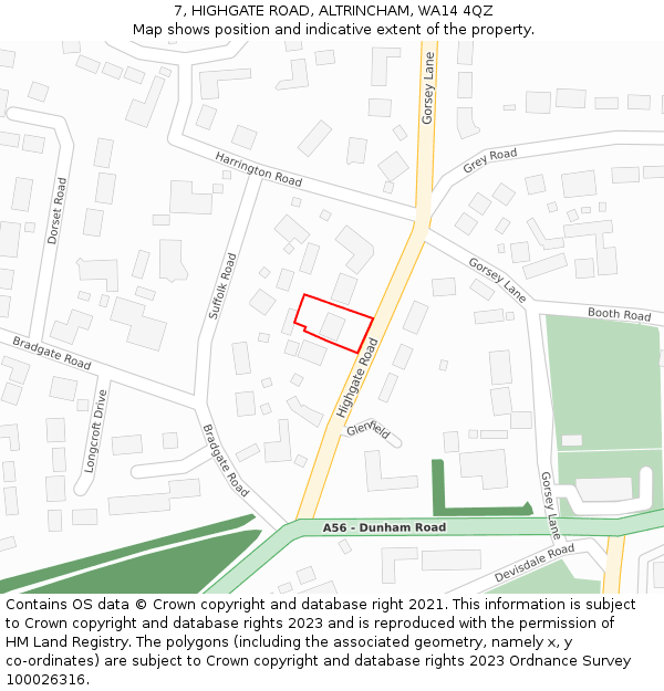 7, HIGHGATE ROAD, ALTRINCHAM, WA14 4QZ: Location map and indicative extent of plot