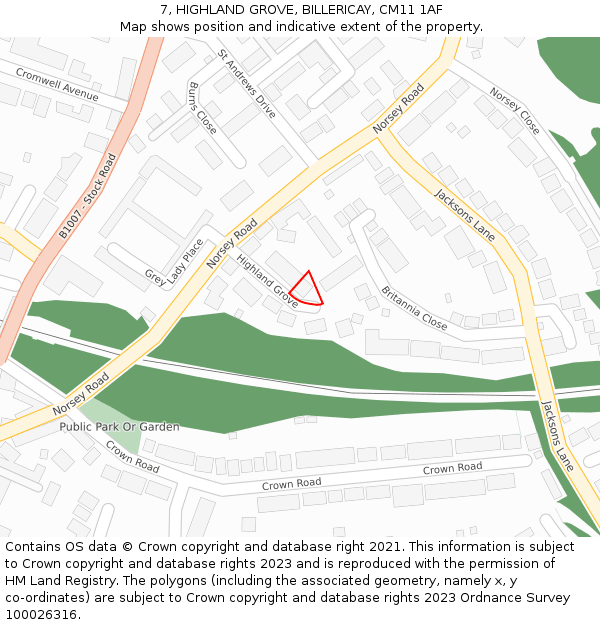 7, HIGHLAND GROVE, BILLERICAY, CM11 1AF: Location map and indicative extent of plot