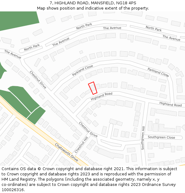 7, HIGHLAND ROAD, MANSFIELD, NG18 4PS: Location map and indicative extent of plot