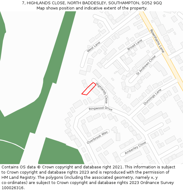 7, HIGHLANDS CLOSE, NORTH BADDESLEY, SOUTHAMPTON, SO52 9GQ: Location map and indicative extent of plot