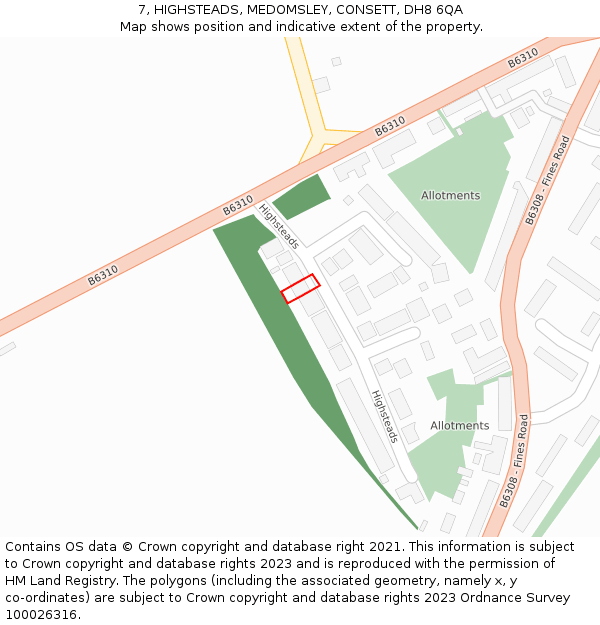 7, HIGHSTEADS, MEDOMSLEY, CONSETT, DH8 6QA: Location map and indicative extent of plot