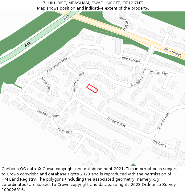 7, HILL RISE, MEASHAM, SWADLINCOTE, DE12 7NZ: Location map and indicative extent of plot