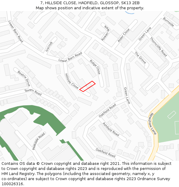 7, HILLSIDE CLOSE, HADFIELD, GLOSSOP, SK13 2EB: Location map and indicative extent of plot