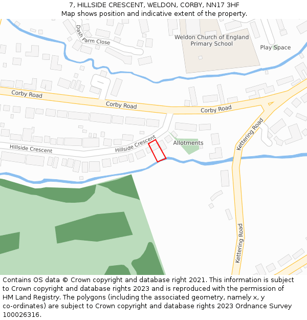 7, HILLSIDE CRESCENT, WELDON, CORBY, NN17 3HF: Location map and indicative extent of plot