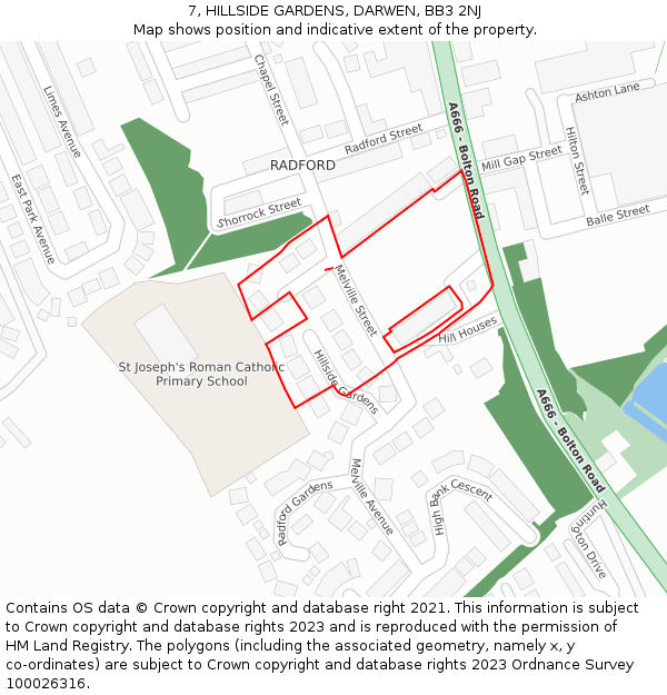 7, HILLSIDE GARDENS, DARWEN, BB3 2NJ: Location map and indicative extent of plot