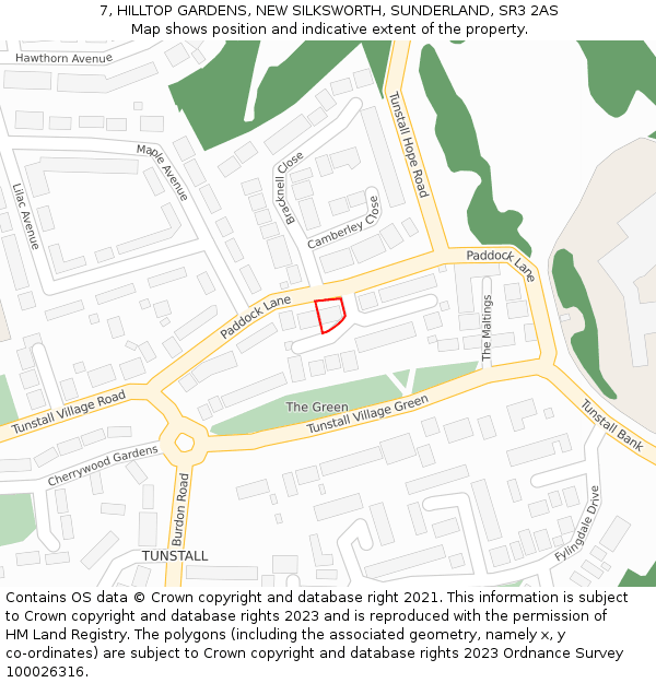 7, HILLTOP GARDENS, NEW SILKSWORTH, SUNDERLAND, SR3 2AS: Location map and indicative extent of plot