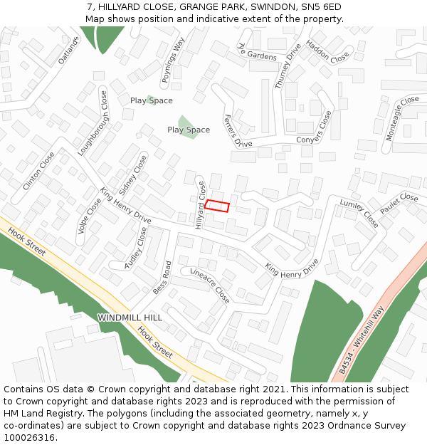 7, HILLYARD CLOSE, GRANGE PARK, SWINDON, SN5 6ED: Location map and indicative extent of plot