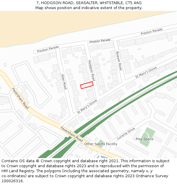 7, HODGSON ROAD, SEASALTER, WHITSTABLE, CT5 4AG: Location map and indicative extent of plot