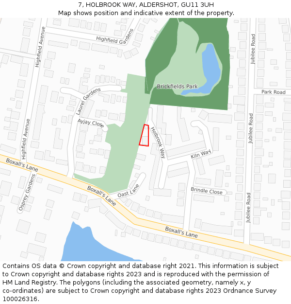 7, HOLBROOK WAY, ALDERSHOT, GU11 3UH: Location map and indicative extent of plot