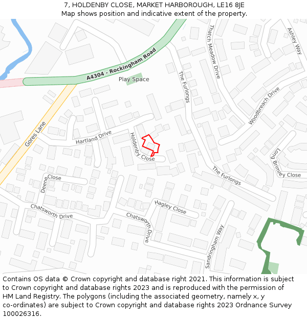 7, HOLDENBY CLOSE, MARKET HARBOROUGH, LE16 8JE: Location map and indicative extent of plot