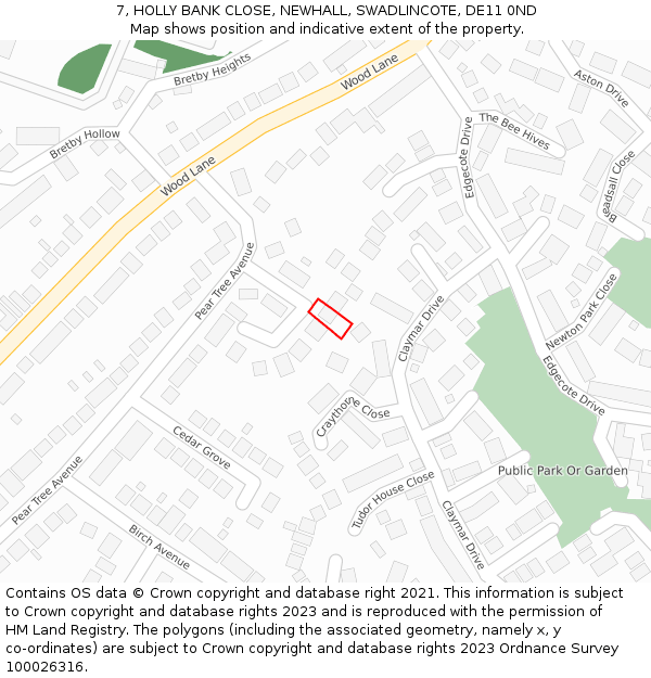 7, HOLLY BANK CLOSE, NEWHALL, SWADLINCOTE, DE11 0ND: Location map and indicative extent of plot