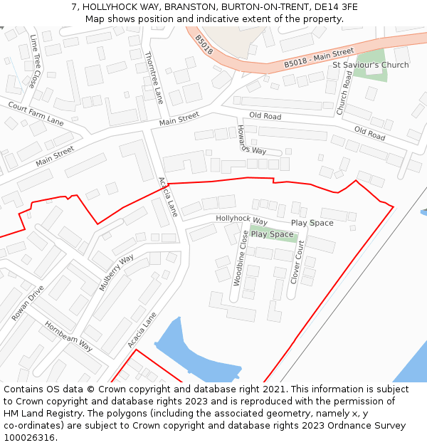 7, HOLLYHOCK WAY, BRANSTON, BURTON-ON-TRENT, DE14 3FE: Location map and indicative extent of plot