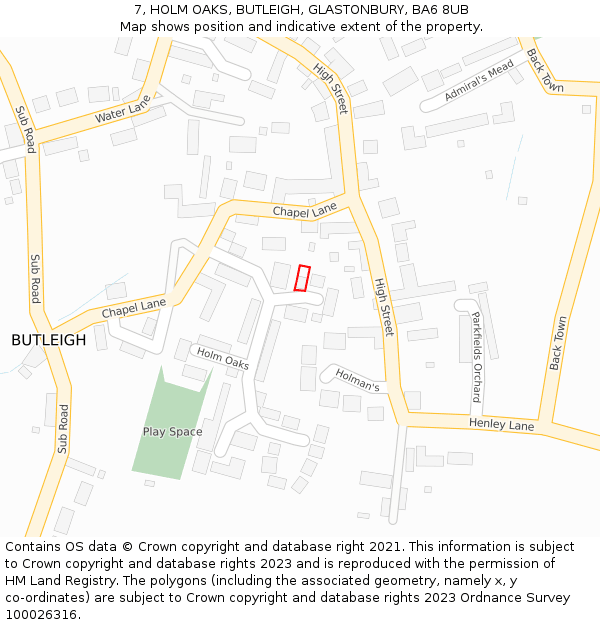 7, HOLM OAKS, BUTLEIGH, GLASTONBURY, BA6 8UB: Location map and indicative extent of plot