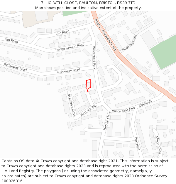 7, HOLWELL CLOSE, PAULTON, BRISTOL, BS39 7TD: Location map and indicative extent of plot