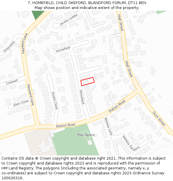 7, HOMEFIELD, CHILD OKEFORD, BLANDFORD FORUM, DT11 8EN: Location map and indicative extent of plot