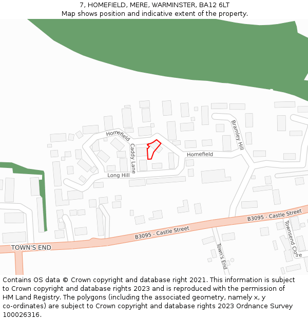 7, HOMEFIELD, MERE, WARMINSTER, BA12 6LT: Location map and indicative extent of plot