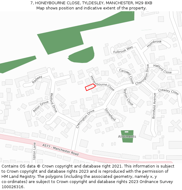 7, HONEYBOURNE CLOSE, TYLDESLEY, MANCHESTER, M29 8XB: Location map and indicative extent of plot
