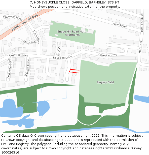 7, HONEYSUCKLE CLOSE, DARFIELD, BARNSLEY, S73 9JT: Location map and indicative extent of plot