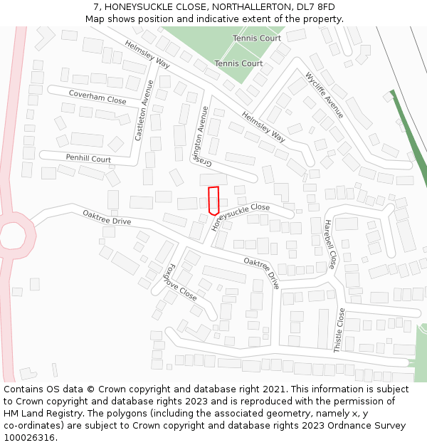 7, HONEYSUCKLE CLOSE, NORTHALLERTON, DL7 8FD: Location map and indicative extent of plot