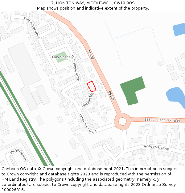 7, HONITON WAY, MIDDLEWICH, CW10 9QS: Location map and indicative extent of plot