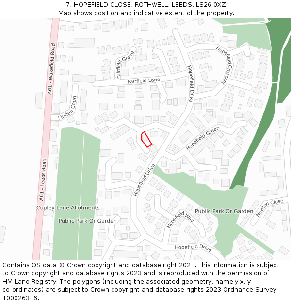 7, HOPEFIELD CLOSE, ROTHWELL, LEEDS, LS26 0XZ: Location map and indicative extent of plot