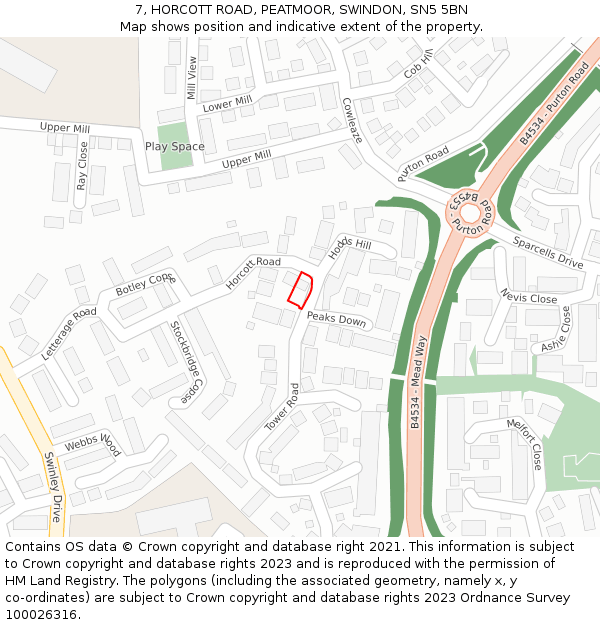 7, HORCOTT ROAD, PEATMOOR, SWINDON, SN5 5BN: Location map and indicative extent of plot