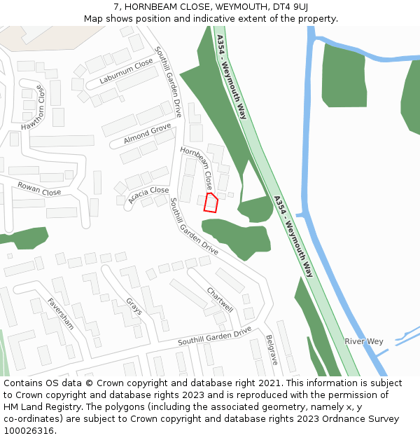 7, HORNBEAM CLOSE, WEYMOUTH, DT4 9UJ: Location map and indicative extent of plot