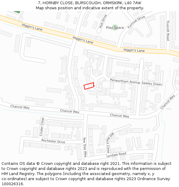7, HORNBY CLOSE, BURSCOUGH, ORMSKIRK, L40 7AW: Location map and indicative extent of plot