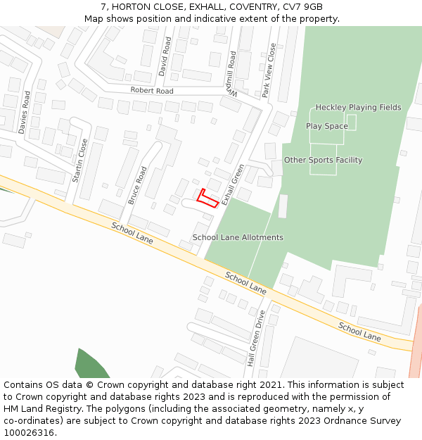 7, HORTON CLOSE, EXHALL, COVENTRY, CV7 9GB: Location map and indicative extent of plot