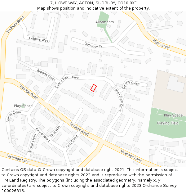 7, HOWE WAY, ACTON, SUDBURY, CO10 0XF: Location map and indicative extent of plot
