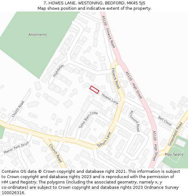 7, HOWES LANE, WESTONING, BEDFORD, MK45 5JS: Location map and indicative extent of plot