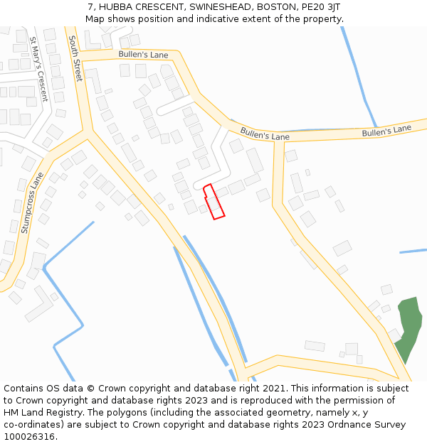7, HUBBA CRESCENT, SWINESHEAD, BOSTON, PE20 3JT: Location map and indicative extent of plot