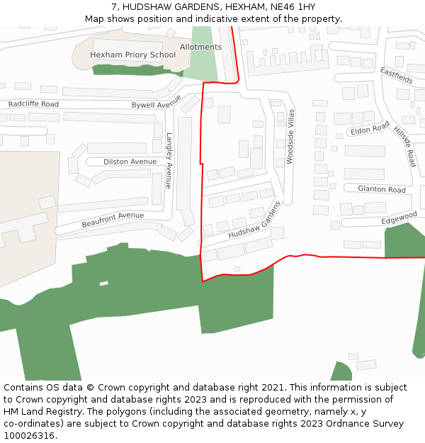 7, HUDSHAW GARDENS, HEXHAM, NE46 1HY: Location map and indicative extent of plot