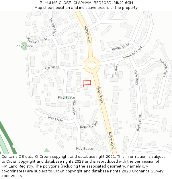 7, HULME CLOSE, CLAPHAM, BEDFORD, MK41 6GH: Location map and indicative extent of plot