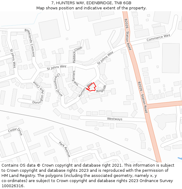 7, HUNTERS WAY, EDENBRIDGE, TN8 6GB: Location map and indicative extent of plot