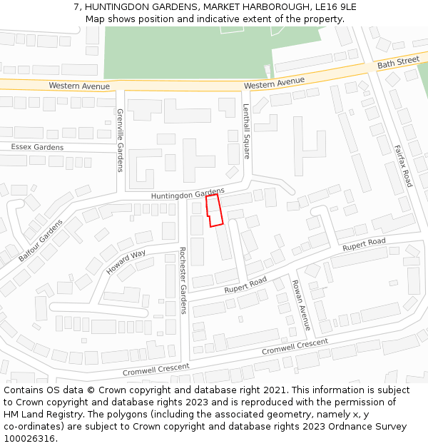 7, HUNTINGDON GARDENS, MARKET HARBOROUGH, LE16 9LE: Location map and indicative extent of plot