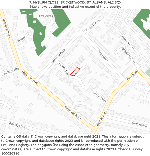 7, HYBURN CLOSE, BRICKET WOOD, ST. ALBANS, AL2 3QX: Location map and indicative extent of plot