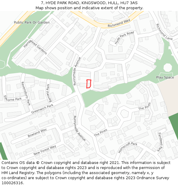 7, HYDE PARK ROAD, KINGSWOOD, HULL, HU7 3AS: Location map and indicative extent of plot