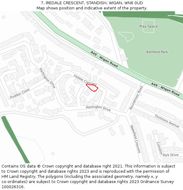 7, IREDALE CRESCENT, STANDISH, WIGAN, WN6 0UD: Location map and indicative extent of plot