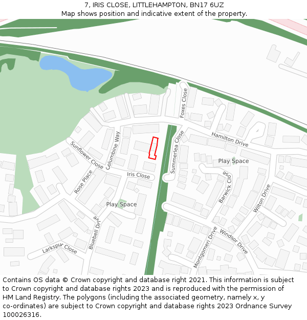 7, IRIS CLOSE, LITTLEHAMPTON, BN17 6UZ: Location map and indicative extent of plot