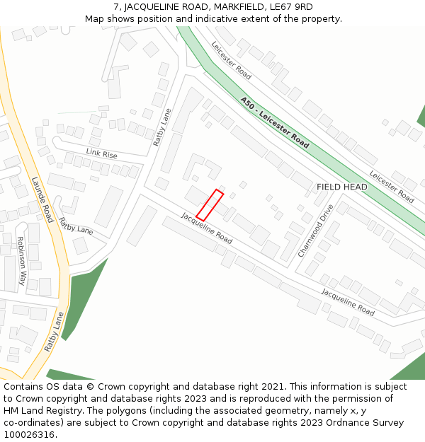 7, JACQUELINE ROAD, MARKFIELD, LE67 9RD: Location map and indicative extent of plot