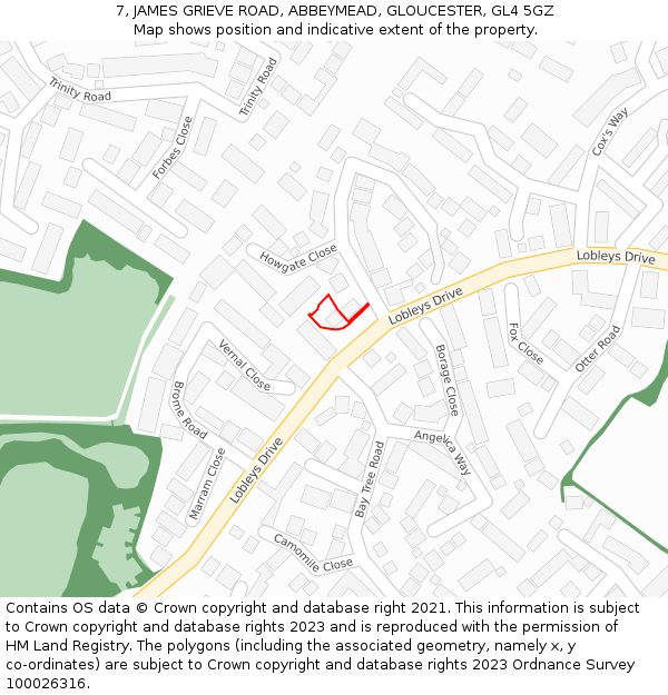 7, JAMES GRIEVE ROAD, ABBEYMEAD, GLOUCESTER, GL4 5GZ: Location map and indicative extent of plot